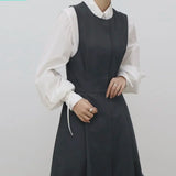 Yidouxian Casual Women Chic Autumn Simple Lapel Tie Puff Sleeve Shirt Pleated Strap Dress Set Female Solid Elegant New