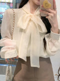 Yidouxian French Fashion Chiffon Blouse Women Bow Tie Half High Collar Lantern Sleeve Shirt Top Spring New Fashion Korean Clothes