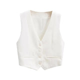 Yidouxian Women Fashion Front Buttons Cropped Waistcoat Vintage V Neck Sleeveless Female Outerwear Chic Tops