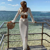 Yidouxian Women Summer 2PCS Outfit Bikini Cover-ups Sets Long Sleeve Tie Up Crop Tops+White Long Knit Hollow Tassels Skirt Suit