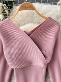 Yidouxian Winter Casual Knitted Two Pieces Suits V Neck Long Sleeve Sweater+ Elastic Casual Long Pants Sets Women Sweater Sets