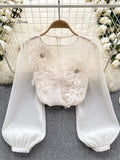 Yidouxian Spring Loose Satin Blouse Women O Neck Long Sleeves Sheer Bohemian Top 2024 Transparent 3D Floral Casual Shirt