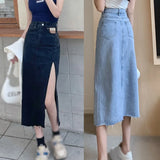 Yidouxian Skirts Women A-line Solid Slim Side Slit Long High Waist Denim Skirt Wrap Hip Streetwear