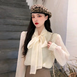 Yidouxian French Fashion Chiffon Blouse Women Bow Tie Half High Collar Lantern Sleeve Shirt Top Spring New Fashion Korean Clothes