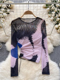 Yidouxian Women Mesh Sheer T Shirt Fashion O Neck Long SLeeves Transparent Drawstring Slim Blouse 2024 Tie Dye Print Sexy Top