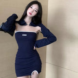 Yidouxian Women's Korean Version Bra Dress Buckle Long Sleeved Camisole Cover Up Set Two-piece Dress