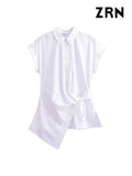 Yidouxian Poplin Shirts for Women, Front Knot with Ties, Short Sleeve, Button-up, Female Blouses, Chic Tops, Fashion