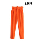 Yidouxian ZRN-Women's High Waist Zipper Fly Ankle Trousers with Belt, Office Wear Pants, Side Pockets, Female Fashion