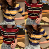 Yidouxian Women's Striped Printed Sweater T-shirt Slim Fitting Short Sleeved Round Neck Knitted Sweater