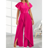 Yidouxian Women's Fashion Elegant Jumpsuit Wide Leg Pants Solid Color V-neck Short Sleeved Irregular Wide Leg Pants Jumpsuit