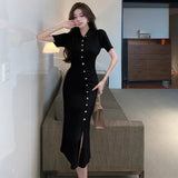 Yidouxian Elegant Knitted Dress Women French Style Turn-down Collar Short Sleeve Button Up Slim Bodycon Dresses Knitwear Mermaid