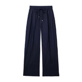 Yidouxian Women Fashion Side Pockets Linen Wide Leg Pants Vintage High Elastic Waist With Drawstring Female Trousers Mujer