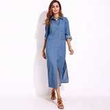 Yidouxian Women's Denim Dress Casual Long Sleeved Lapel Button Cardigan Dress Solid Color Pocket Denim Dress