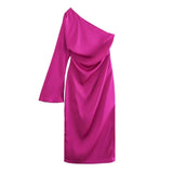 Yidouxian Women Fashion Draped Asymmetrical Midi Dress Sexy One-Shoulder Long Sleeve Side Zipper Female Dresses Mujer