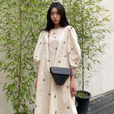 Yidouxian French Fashion Floral Embroidery Dress Women Puff Sleeve Casual Dresses Spring Casual O Neck High Waist Clothing