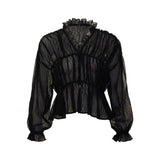 Yidouxian Women's Sexy Vintage Retro Spring Summer See-through Sheer Tops Long Sleeve V Neck Solid Color Ruched Y2K T-shirts