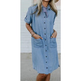 Yidouxian Women's Summer Plus Size Loose Short Sleeved Denim Dress Women's Lapel Button Solid Color Casual Loose Denim Dress