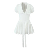 Yidouxian Summer Women Vintage Puff Sleeve Lapel Collar White Mini Dress Tie Bow Sashes Pleated Hem Female Cotton Robe