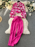 Yidouxian Fashion Printed Suits Women Bow Collar Lantern Sleeve Floral Blouse+Belt Solid Long Pants Streetwear Senior Sets