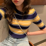 Yidouxian Women's Striped Printed Sweater T-shirt Slim Fitting Short Sleeved Round Neck Knitted Sweater