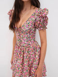 Yidouxian Women's Vintage Elegant Summer Short Puff Sleeve V Neck Floral Print Tie Up Button Corset Short Mini Party Dresses