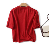 Yidouxian New 2024 Red Knit T Shirt Women O Neck Short Sleeve Spring Summer Tees Crop Top