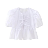 Yidouxian ZRN-Women's Lace Up Cropped Blouses, Puff Sleeves, O Neck, Female Shirts, Chic Tops, Fashion