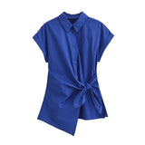 Yidouxian Poplin Shirts for Women, Front Knot with Ties, Short Sleeve, Button-up, Female Blouses, Chic Tops, Fashion