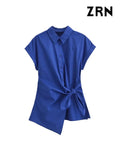 Yidouxian Poplin Shirts for Women, Front Knot with Ties, Short Sleeve, Button-up, Female Blouses, Chic Tops, Fashion