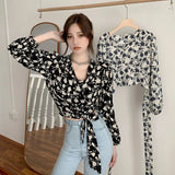 Yidouxian Women's Floral Print Blouse V Neck Lace Exposed Navel Long Sleeves Chiffon Shirts Tops