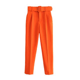 Yidouxian ZRN-Women's High Waist Zipper Fly Ankle Trousers with Belt, Office Wear Pants, Side Pockets, Female Fashion