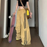 Yidouxian Streetwear Women Stripe Cargo Pants Summer Fashion Big Pocket Loose Wide Leg Pants Y2K High Waist Female Hip Hop Trousers