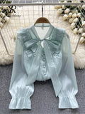 Yidouxian Bow Sweet Satin Loose Blouse Women Ruffles Long Sleeves Autumn Shirt Fashion Streetwear Korean y2k Vintage Top 2024