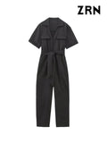 Yidouxian Women Fashion With Belt Front Zipper Jumpsuits Vintage Short Sleeve Side Pockets Female Playsuits Mujer