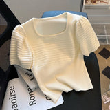 Yidouxian Simple Casual T Shirt Women Puff Short Sleeve Square Neck Knit Tops Ladies Summer New White T-shirt Ropa De Mujer