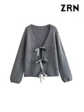 Yidouxian ZRN-Women's Front Sequined Bow Tied Knit Cardigan Sweater, V Neck, Long Sleeve, Female Outerwear, Chic Tops, Fashion