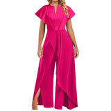 Yidouxian Women's Fashion Elegant Jumpsuit Wide Leg Pants Solid Color V-neck Short Sleeved Irregular Wide Leg Pants Jumpsuit