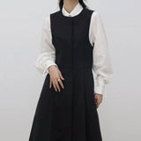 Yidouxian Casual Women Chic Autumn Simple Lapel Tie Puff Sleeve Shirt Pleated Strap Dress Set Female Solid Elegant New