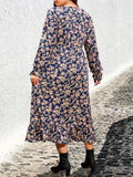 Yidouxian Size 1XL-5XL Casual Dress Women's Plus Floral Print Lantern Sleeve V Neck Smock Dress