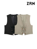 Yidouxian ZRN-Women's Sleeveless V-Neck Vest with Beading Tied Waistcoat, Female Outerwear, Chic Tops, Fashion