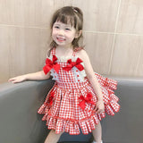 Yidouxian Pleated Tutu Skirt Summer Party Clothes Bow Lace Girls Plaid Printing Sleeveless Dress