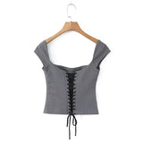 Yidouxian Y2K Women Lace Up Bandage Back Gray Crop Top Short Sleeve Square Neck Ladies Sexy Chic Tops