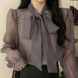 Yidouxian French Fashion Chiffon Blouse Women Bow Tie Half High Collar Lantern Sleeve Shirt Top Spring New Fashion Korean Clothes