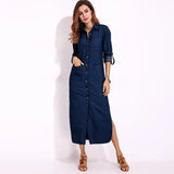 Yidouxian Women's Denim Dress Casual Long Sleeved Lapel Button Cardigan Dress Solid Color Pocket Denim Dress