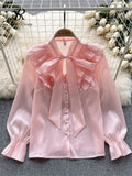 Yidouxian Bow Sweet Satin Loose Blouse Women Ruffles Long Sleeves Autumn Shirt Fashion Streetwear Korean y2k Vintage Top 2024