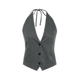 Yidouxian ZRN-Women's Front Button Striped Halter Neck Tank Tops, Sexy Backless With Bow Tie, Female Camis, Fashion