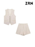 Yidouxian ZRN-Women's Front Button Linen Waistcoat and High Waist Bermuda Shorts, Female Two Piece Sets, Fashion