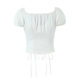 Yidouxian 2024 Women Vintage Puff Sleeve Square Collar White Shirt Drawstring Tie Bow Center Buttons Ladies Sexy Corset Crop Top