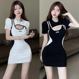 Yidouxian Version Round Neck Hollowed Out Dress Color Fashionable Slim Fitting Short Sleeved Dress