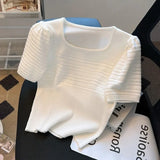 Yidouxian Simple Casual T Shirt Women Puff Short Sleeve Square Neck Knit Tops Ladies Summer New White T-shirt Ropa De Mujer